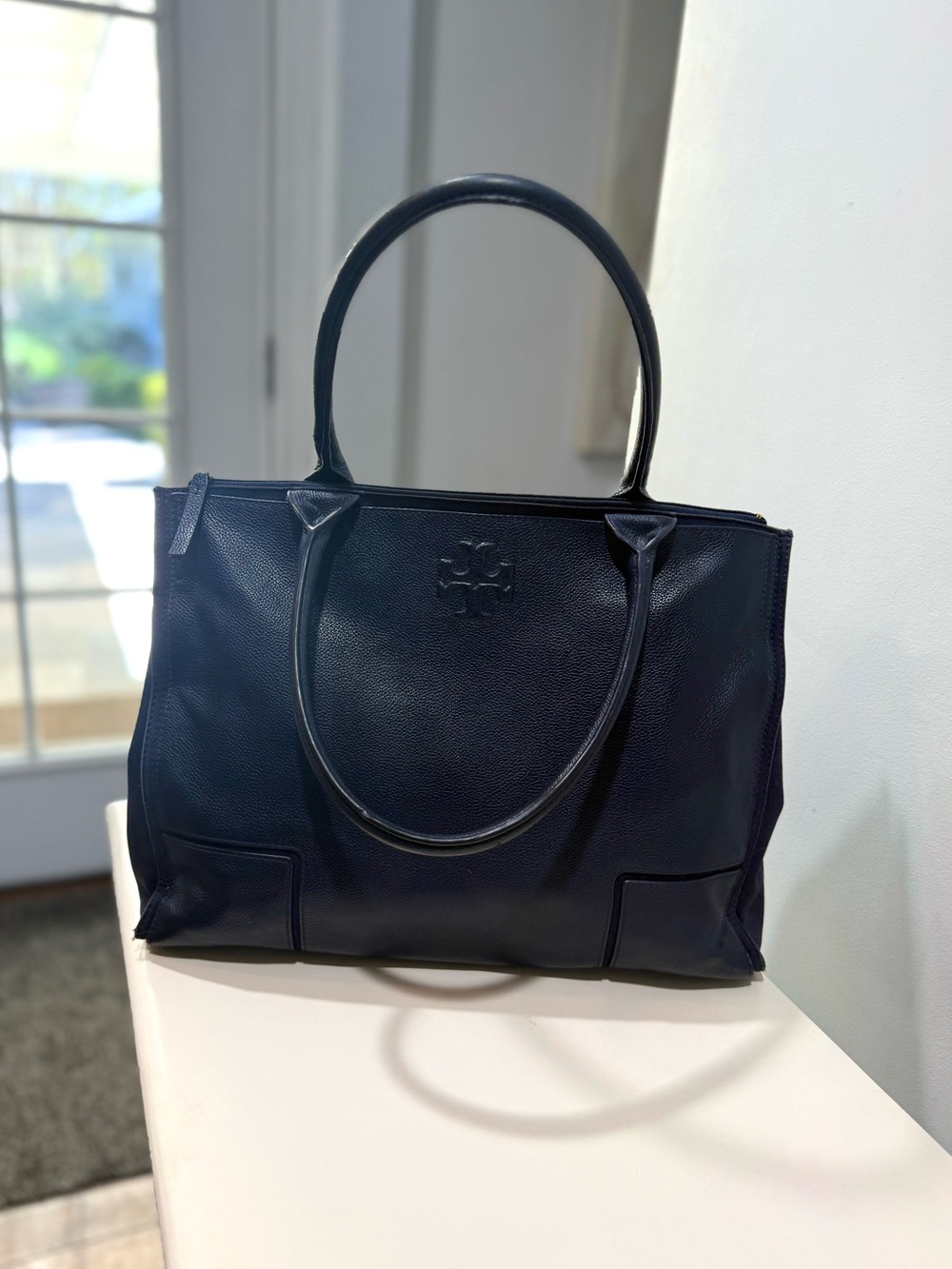 Tory Burch Ella Leather Canvas Large Tote Bag Navy Blue - Picture 3 of 16